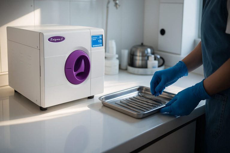 Professional piercing studio with Class B autoclave sterilising tools on worktop.