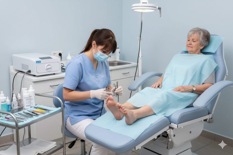 Landscape image of a podiatrist (chiropody professional) treating a patient's feet in a clinic, with a small medical autoclave unit visible in the background for sterilizing tools.
