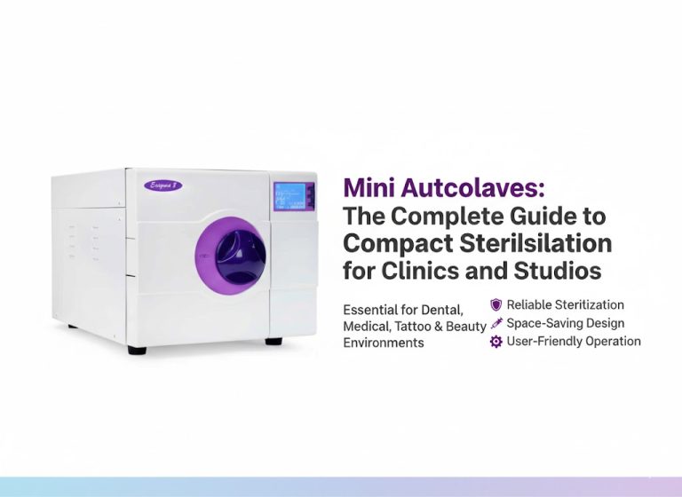 Mini Autoclave machine (Enigma 8LB model) with a purple and white finish, featuring a circular door and a small digital display panel, representing compact sterilization equipment for small clinics and studios.