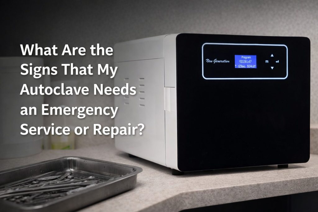 Modern autoclave steriliser highlighting signs of emergency service or repair needs