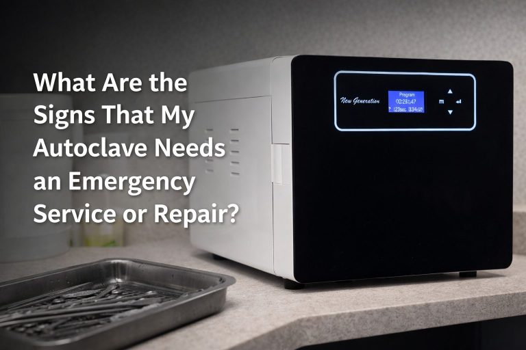 Modern autoclave steriliser highlighting signs of emergency service or repair needs