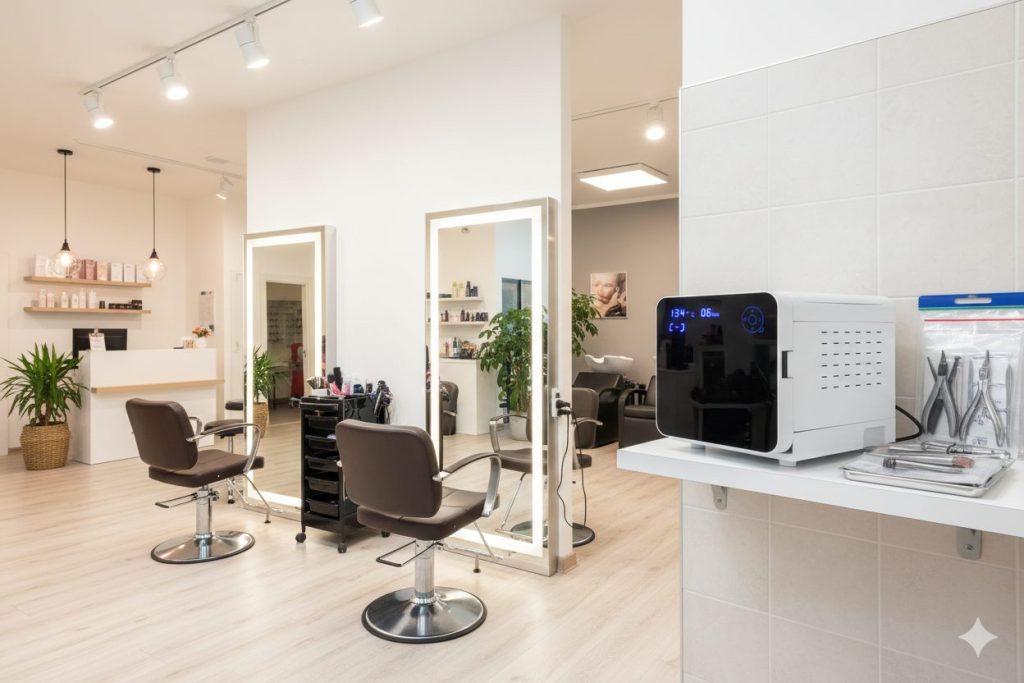 A modern, white autoclave sterilizer sitting on a clean workstation in a professional beauty salon background, featuring sleek styling chairs, lighted mirrors, and sterile manicure tools nearby