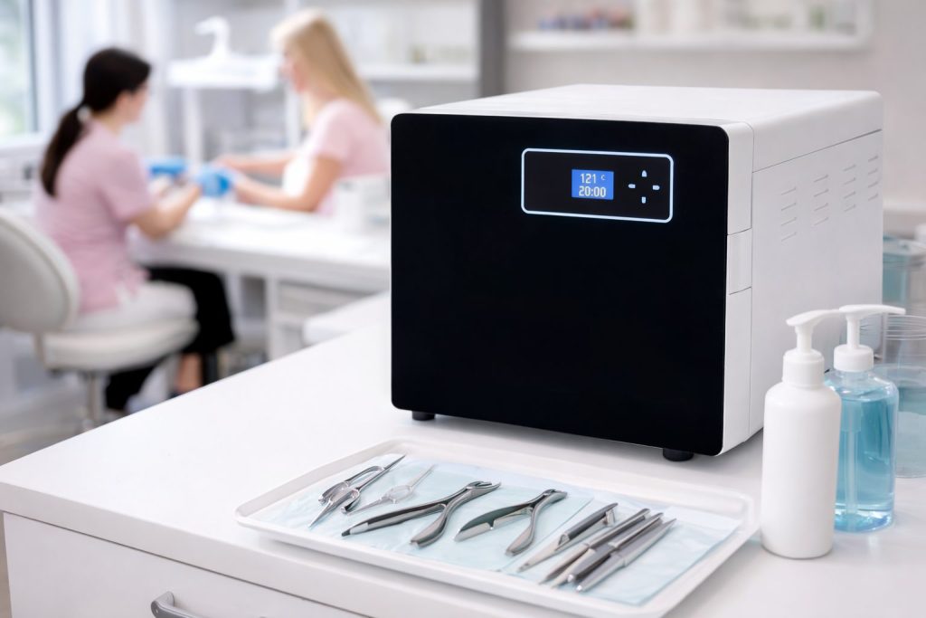 New Generation 8 Litre B autoclave used in a beauty salon for nail tool sterilisation