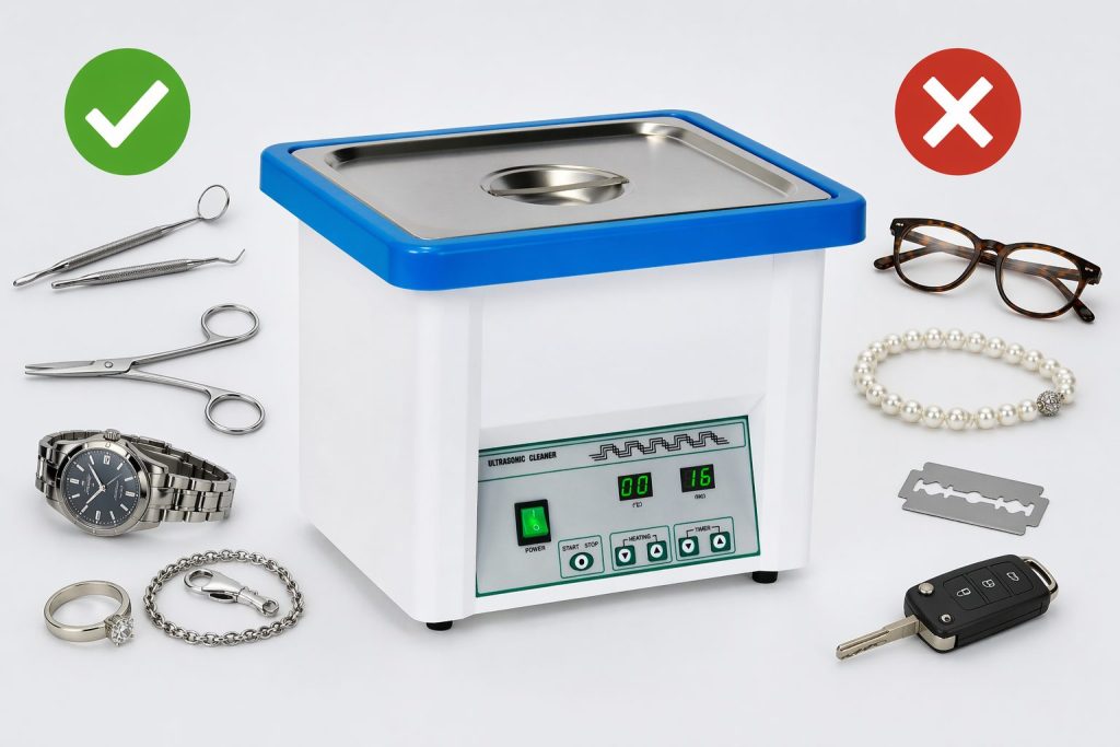 Ultrasonic cleaner showing items safe and unsafe for ultrasonic cleaning including dental tools, jewellery, glasses and key fob