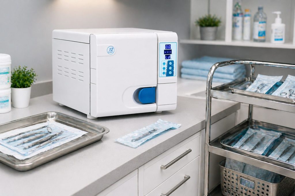 Autoclave with sterilised instruments and medical trolley in a clean clinical environment