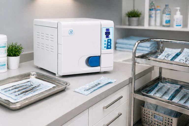 Autoclave with sterilised instruments and medical trolley in a clean clinical environment