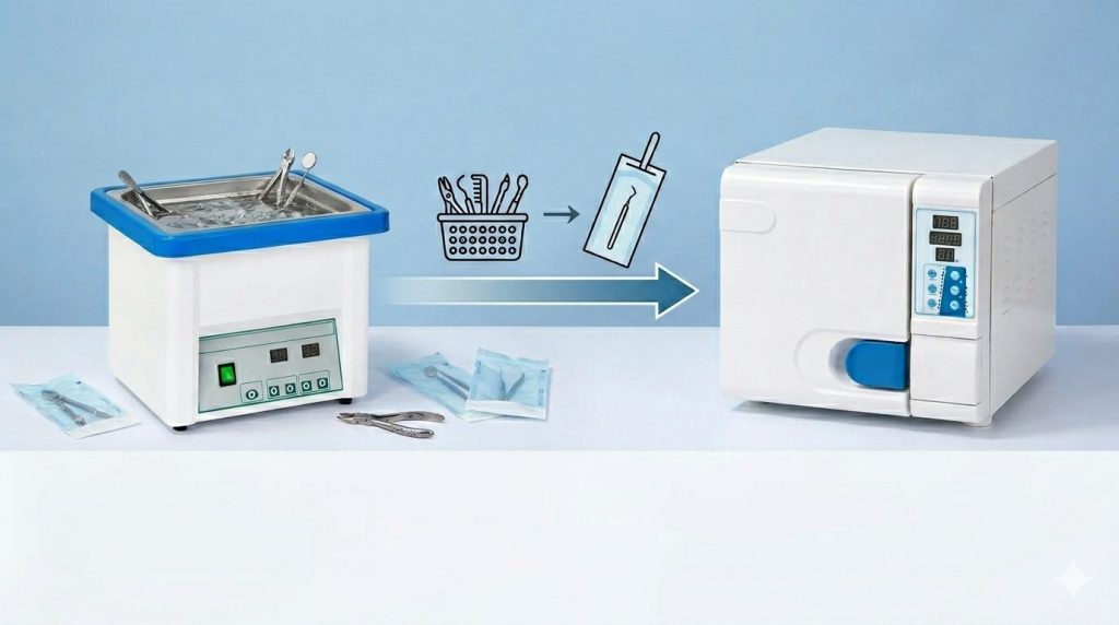 An infographic showing the professional workflow for instrument processing. On the left, a white ultrasonic cleaner with a blue rim contains metal medical tools. An arrow points toward a white autoclave on the right. In the center, simple icons illustrate the transition: a basket of tools being moved and then placed into a sealed sterilization pouch, representing the step-by-step path from mechanical cleaning to full sterilization.