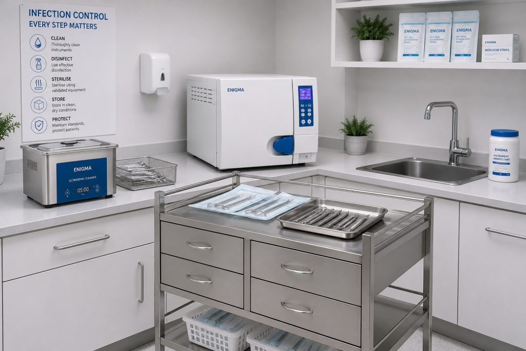 Modern clinical sterilisation room with autoclave and organised infection control setup
