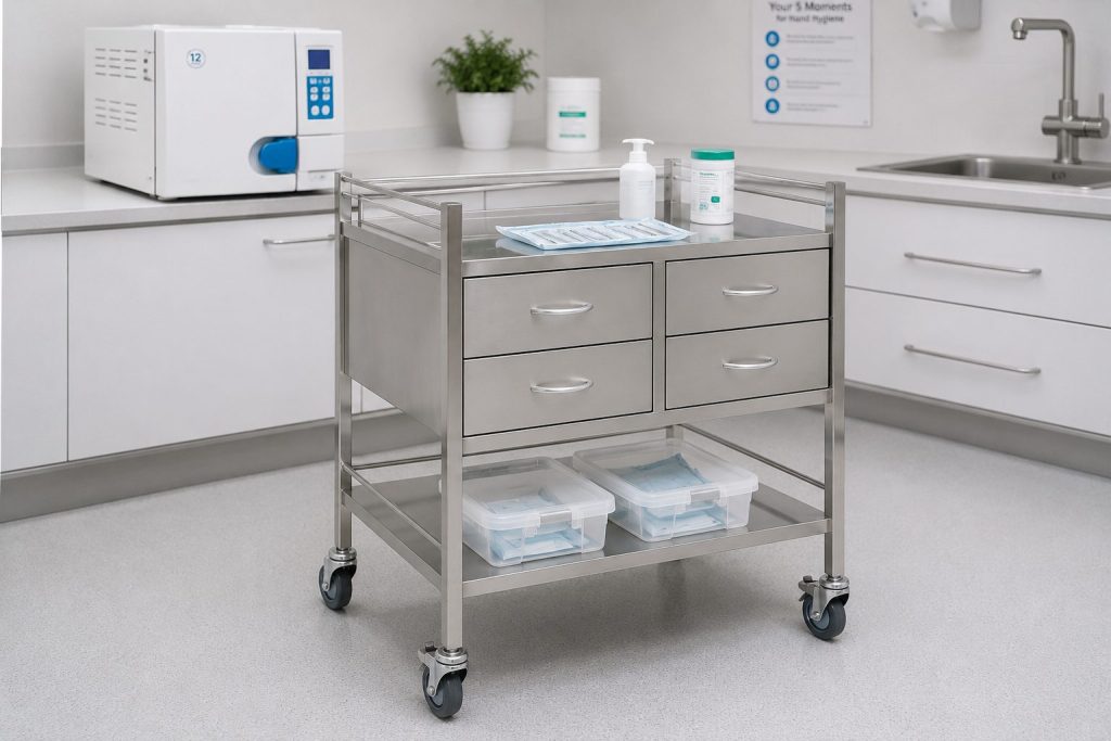 Stainless steel medical trolley in a clean clinical sterilisation room with organised medical supplies