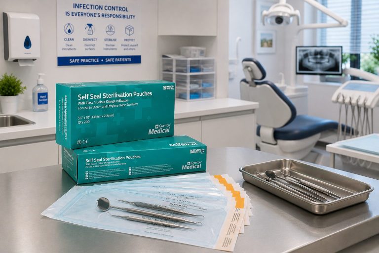 Self seal sterilisation pouches and dental instruments prepared in a modern dental clinic treatment room