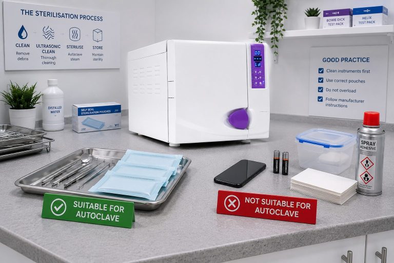Autoclave with suitable stainless steel instruments and unsuitable items kept outside the sterilisation area.