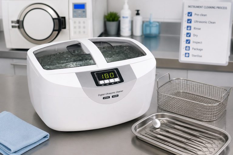 Ultrasonic cleaner degassing fresh solution before cleaning dental instruments