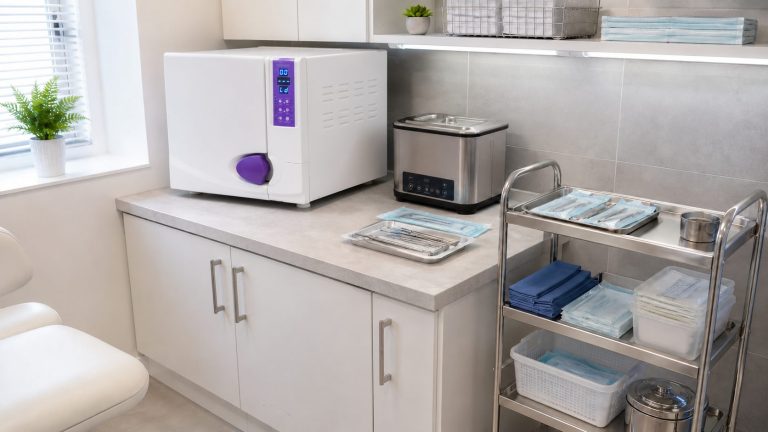 Compact clinic sterilisation area with Excel autoclave, ultrasonic cleaner and medical trolley for instrument processing