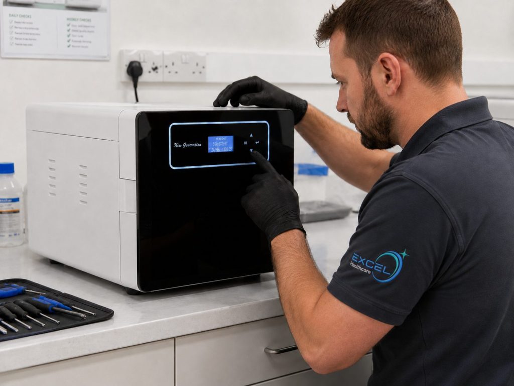 Engineer inspecting an Excel Healthcare autoclave during a routine service