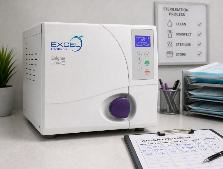 Excel Healthcare autoclave with sterilisation cycle record in a clinical setting