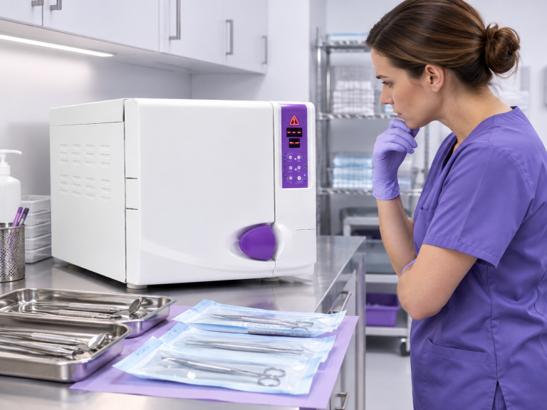 Failed autoclave sterilisation cycle being checked in a clinical sterilisation room