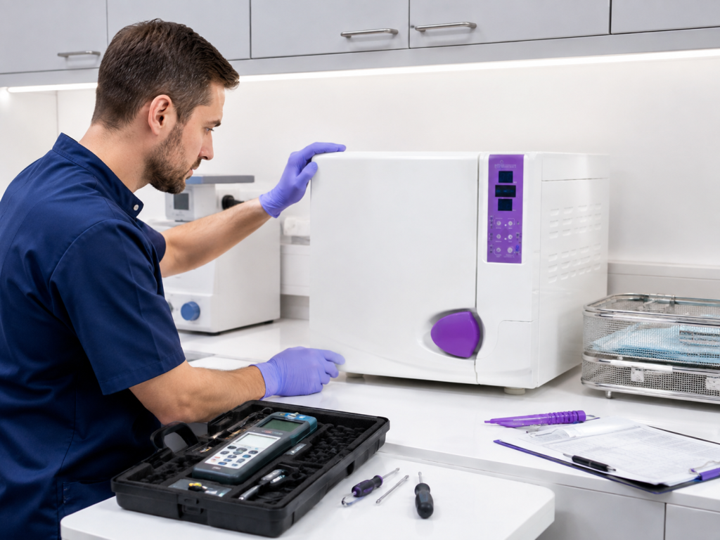 Engineer carrying out autoclave validation, testing and servicing in a clinical environment